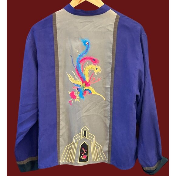 Chico’s Design Silk Jacket Embroidered Phoenix Art Deco Boho Statement Size 1 - Picture 1 of 5